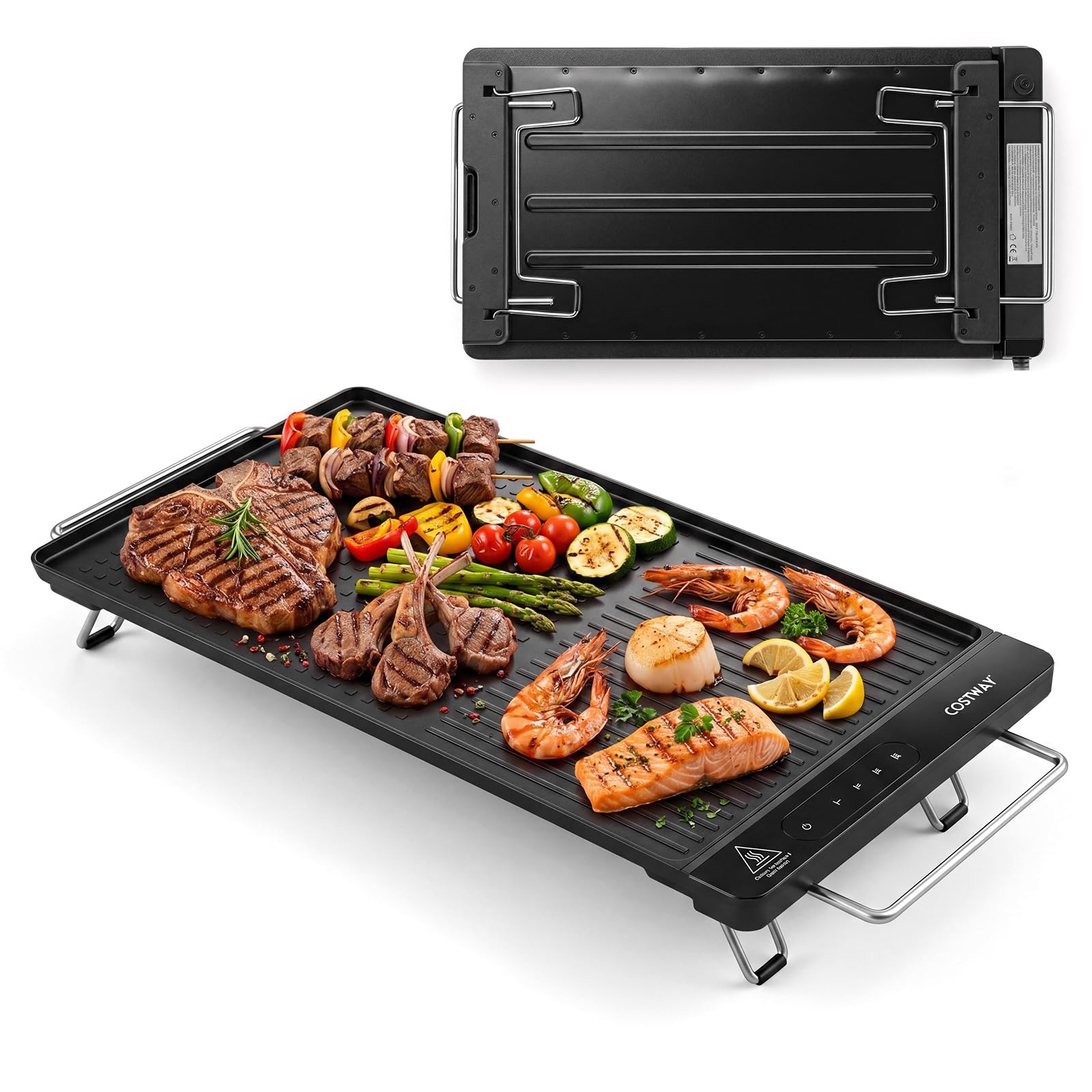 COSTWAY 1300W Piastra Elettrica, Piastra Grill Elettrica con Temperatura Regolabile, Termostato, Manici Retrattili e Gambe Pieghevoli, Griglia da Tavolo per Barbecue, 60 x 28 x 7,5 cm