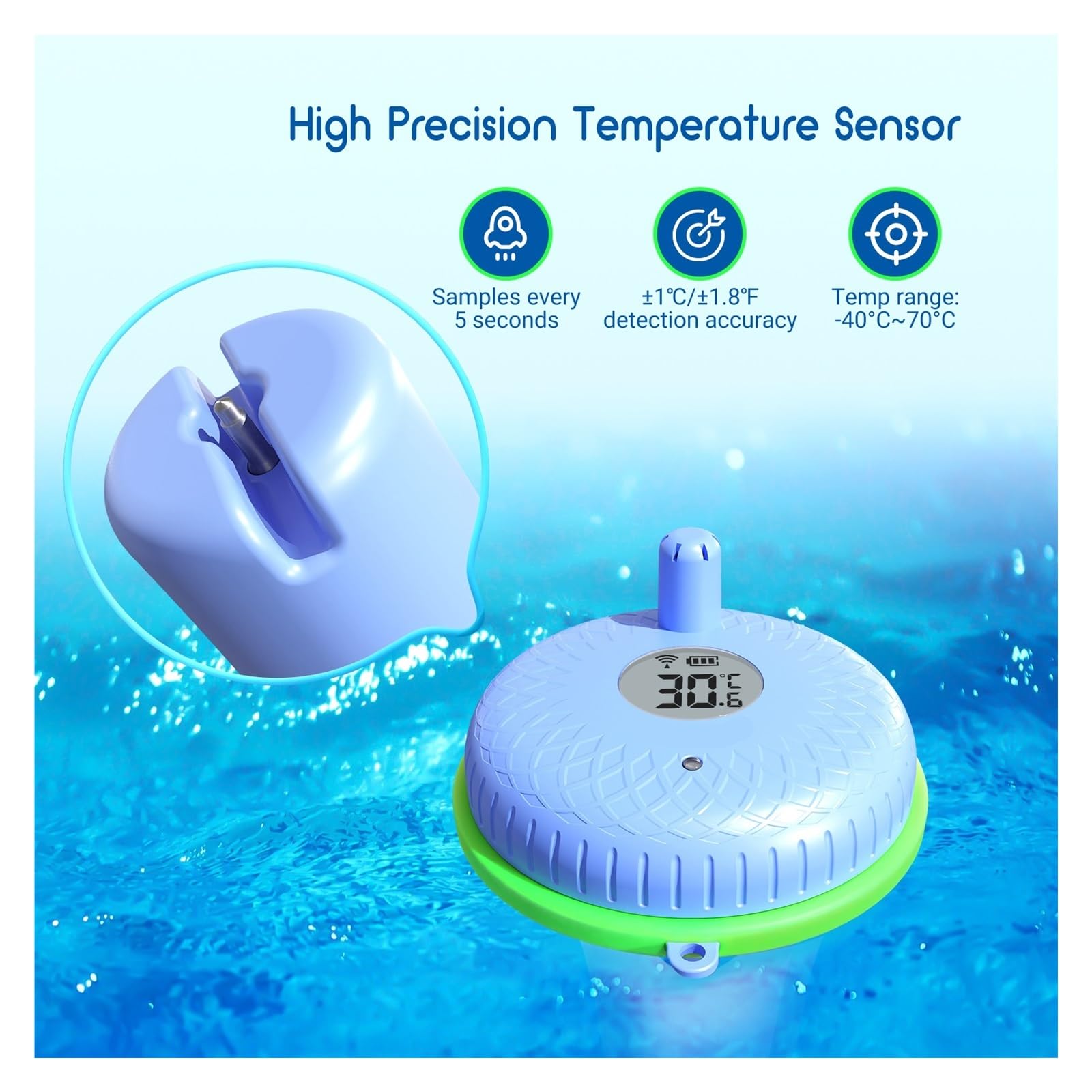 Termómetro de piscina con Bluetooth IBS-P02B mejorado for interiores y exteriores, ideal for piscinas, spas, estanques acuarios
