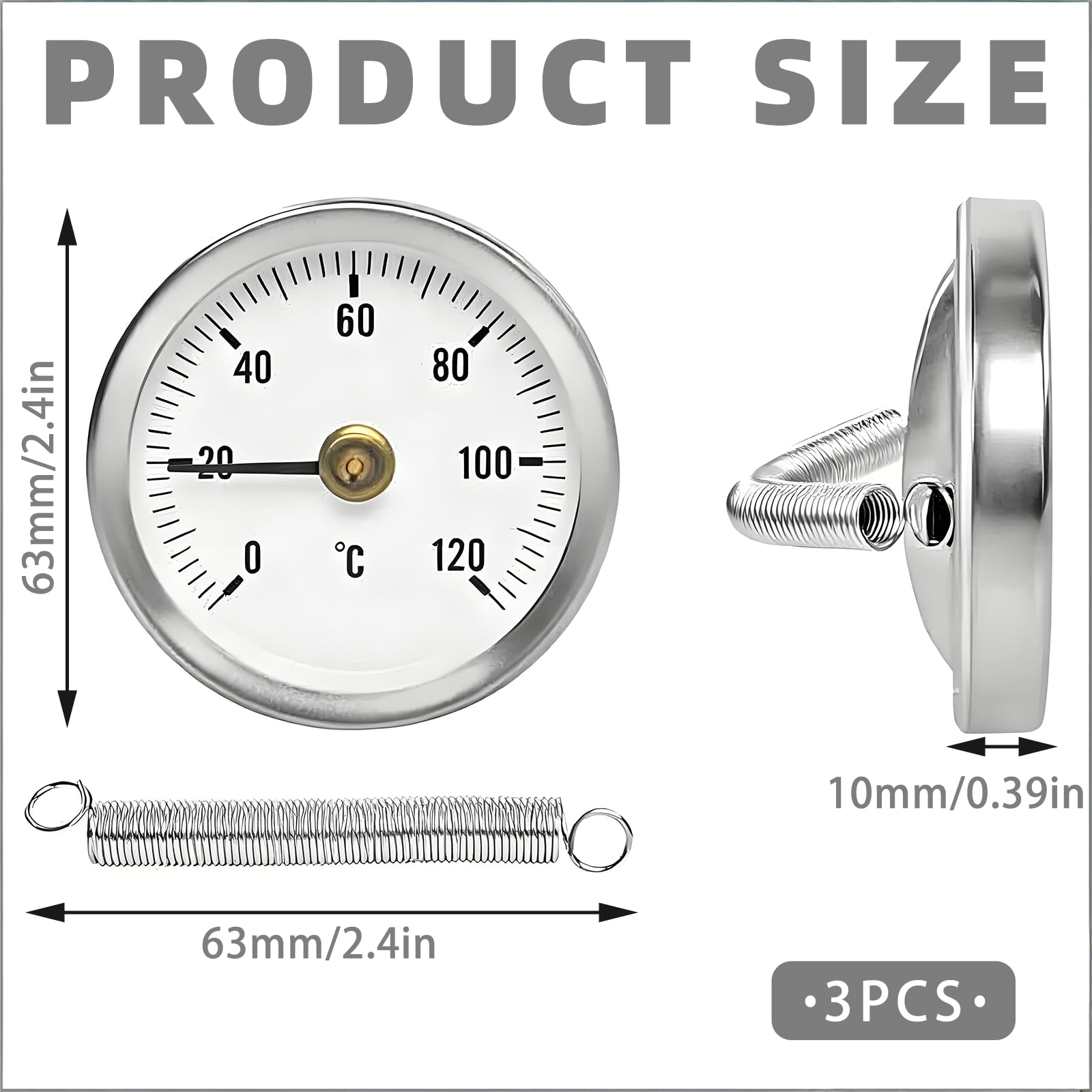 3 Stück Anlegethermometer Heizungsrohr, 63 mm 0-120 °C Bimetall Anlegethermometer Thermometer mit Clip-On Feder, Industrielles Rohrthermometer, Anlege-Zeigerthermometer