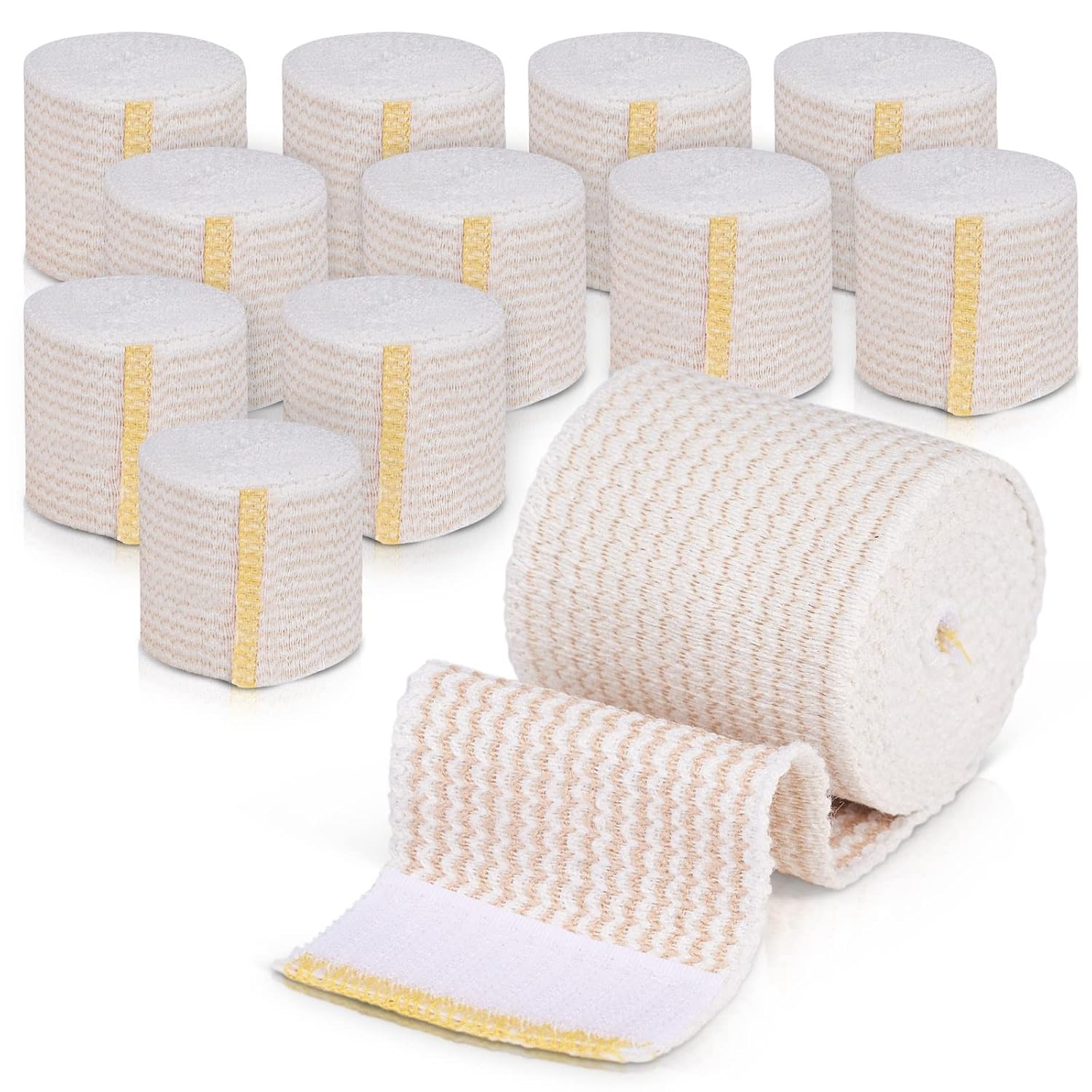 Premium Elastic Bandage Wrap (2" 12 Pack) - Hook & Loop Fasteners at Both Ends - Latex Free Hypoallergenic Compression Roll - Reusable Bandages for Waist, Legs, Elbow & Knee Wrap