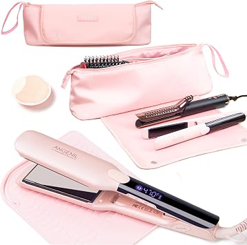 ANGENIL Pro Titanium Flat Iron Hair Straightener 1.75 Wide, Salon Grade Dual Voltage Straightening and Curler 2-in-1, Large Capacity Heat Mat for Hot Hair Iron Tools Travel Bag 2 in 1