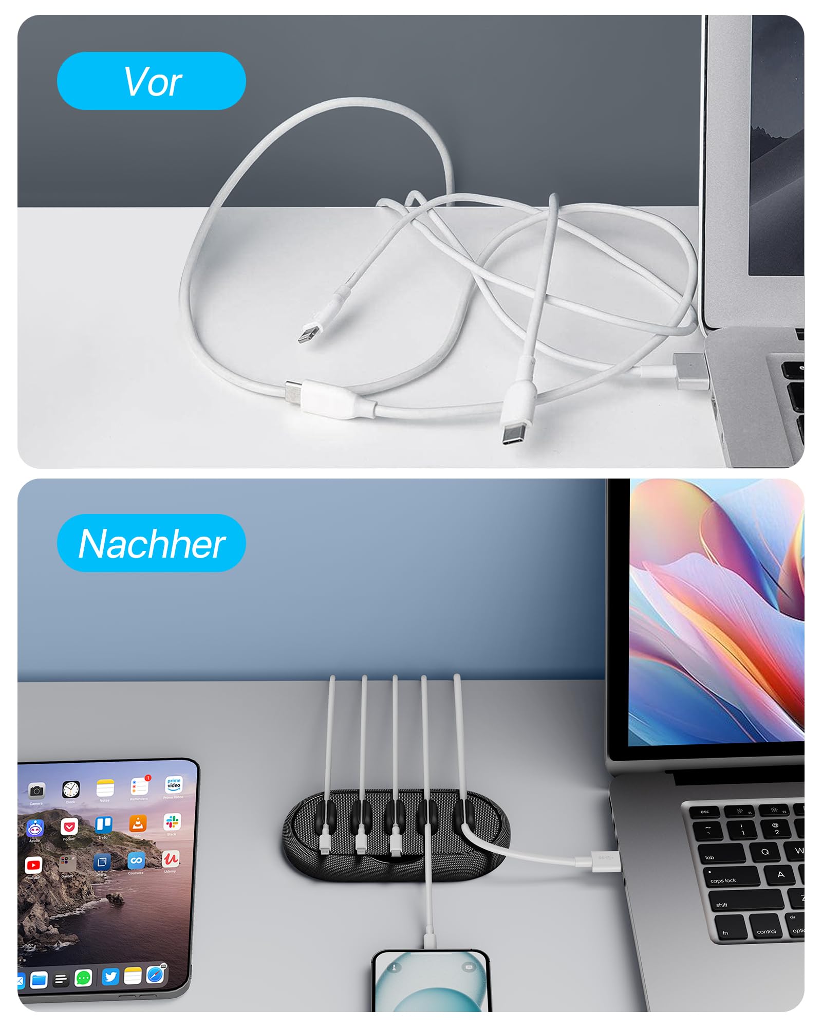 smofish Kabelmanager - Magnetischer Mehrzweck-Kabelhalter für Schreibtisch & Nachttisch, Organizer mit 6 Kabel-Clips für Lightning, USB-C & Mikro-Kabel, Dunkelgrau