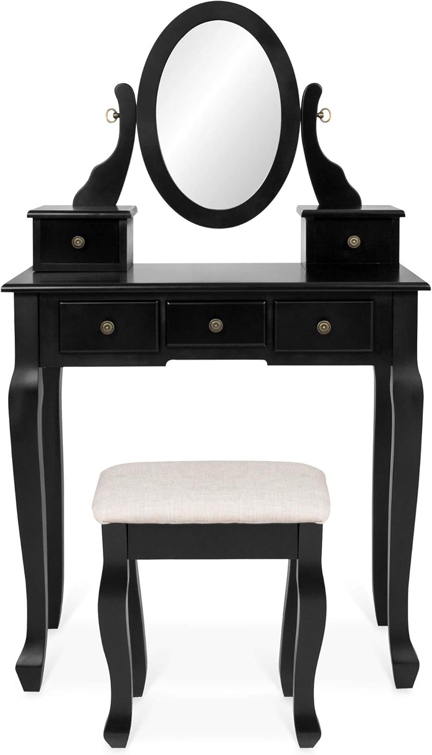 Best Choice Products Bedroom Vanity Hair Dressing Table Set for Makeup, Cosmetics, Beauty w/Adjustable Oval Mirror, Padded Stool Seat, 5 Drawer Storage Organizers - Black