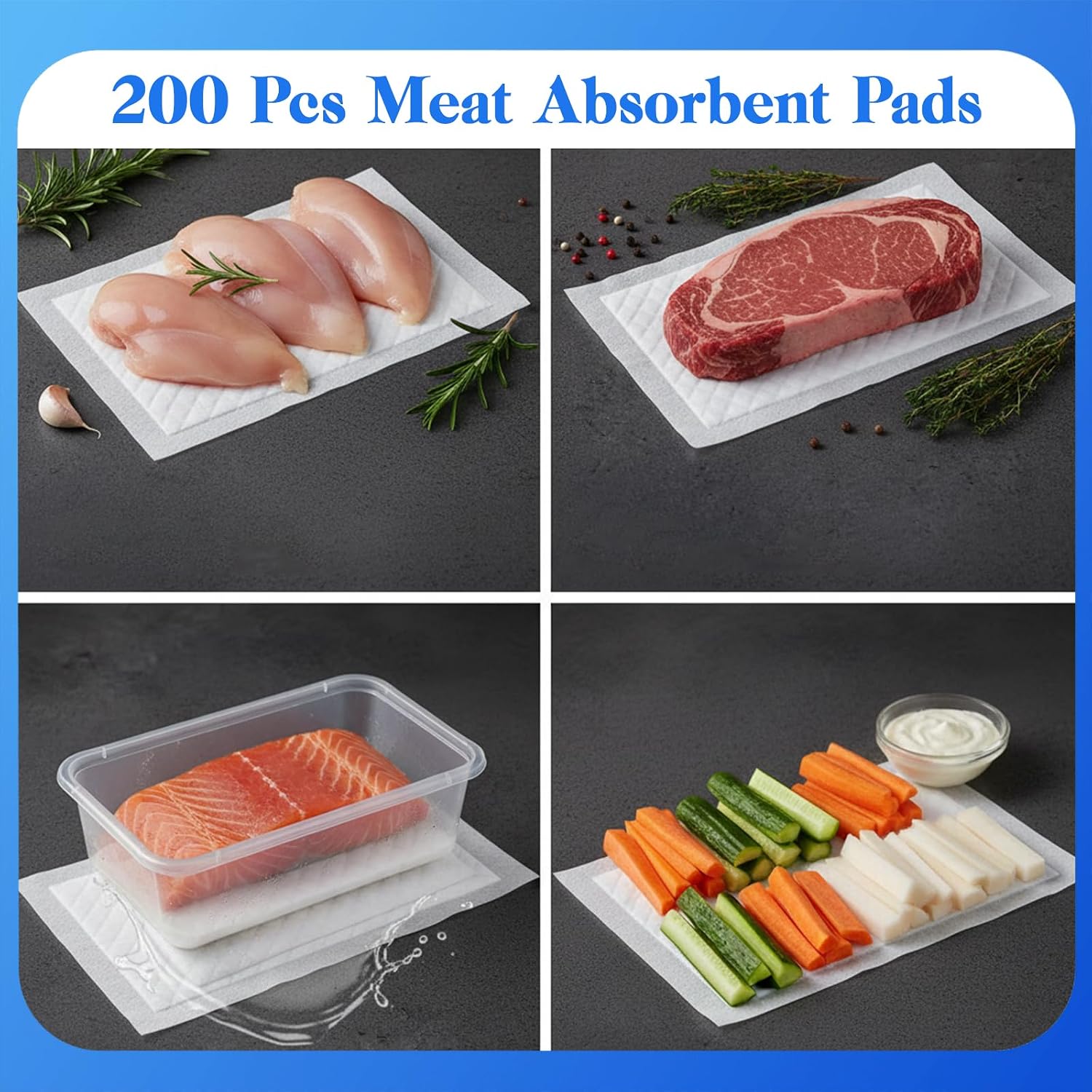 4x7 Inch Meat Absorbent Pads, 200 Pcs 60 Grams Capacity Food-Grade White Soaker Pads for Freshness, Leak Protection with Trays and Vacuum Sealer Bags, Ideal for Meat, Poultry, and Fish Packaging