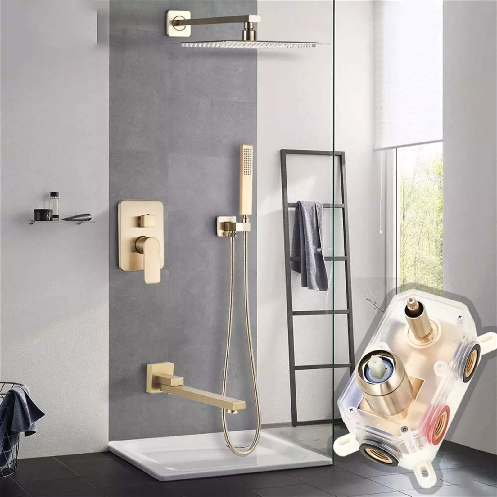 agua duchaJuego de grifos de ducha de oro cepillado, sistema de ducha tipo lluvia para baño, caja integrada, grifo mezclador de ducha montado en la pared, grifo de ducha, 8 pulgadas (tamaño: 10 pulgadas)