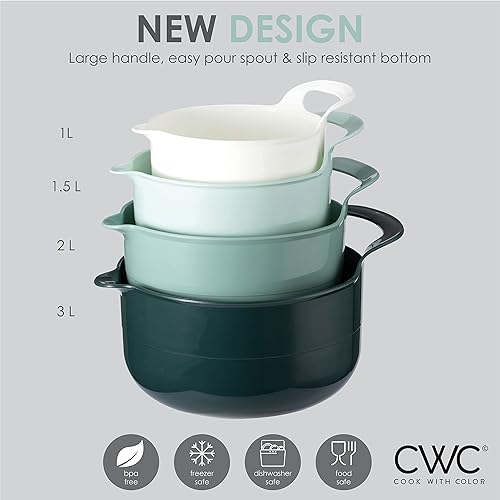 Vista 191 de COOK WITH COLOR Nesting - Juego de cuencos de plástico para mezclar con boquillas y asas, color rosa, 4 piezas antideslizantes