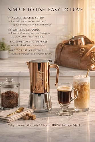 Miniatura 6 de FIAMMA & FERRO Máquina de café expreso para estufa, 12 tazas (20z), acero inoxidable de alta calidad con acabado PVD de cobre, compatible con