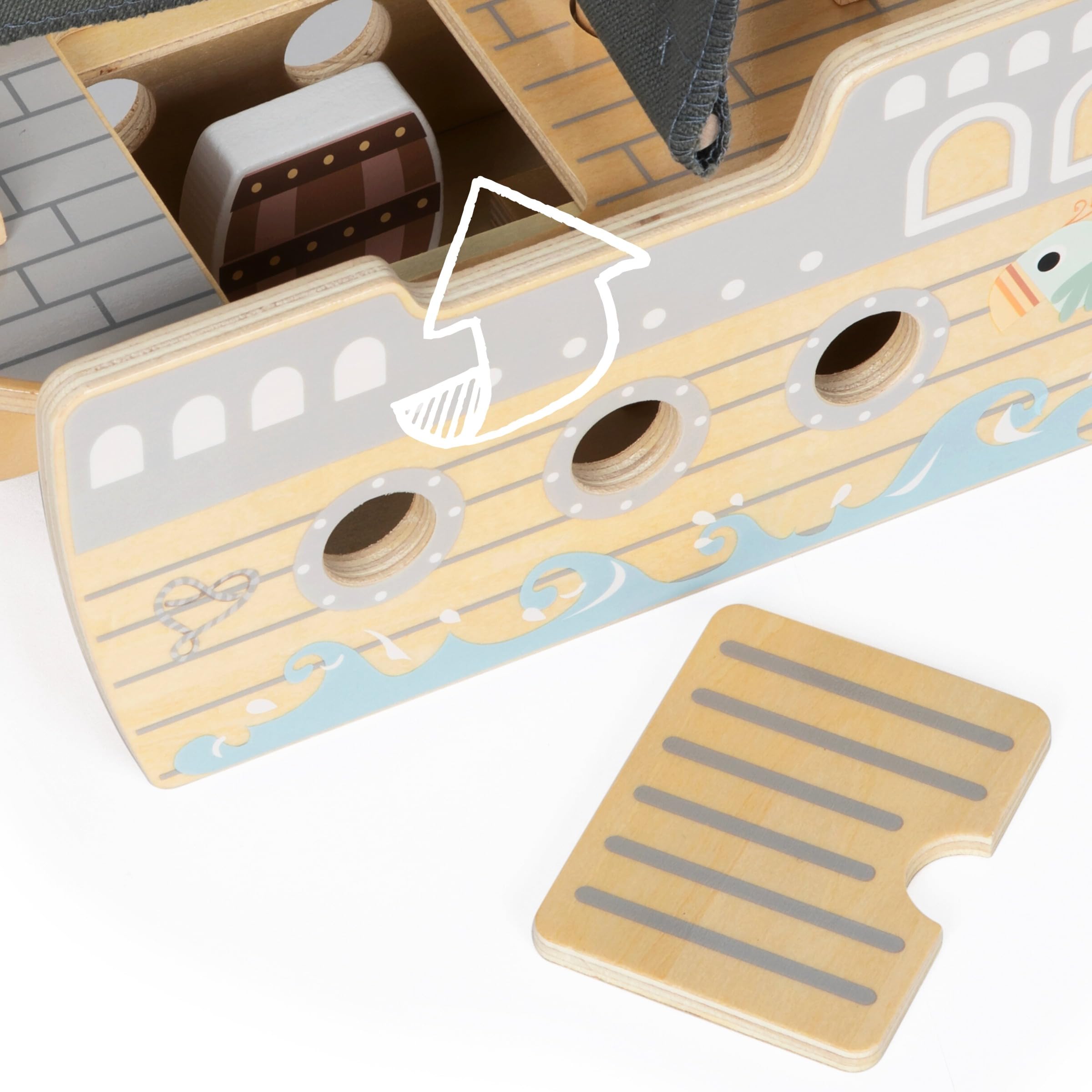 mamabrum Nave Pirata in Legno per Bambini dai 3 Anni in su, Nave Giocattolo con Ponte Apribile e Accessori Inclusi, Nave Pirata Giocattolo con Figure di Pirati