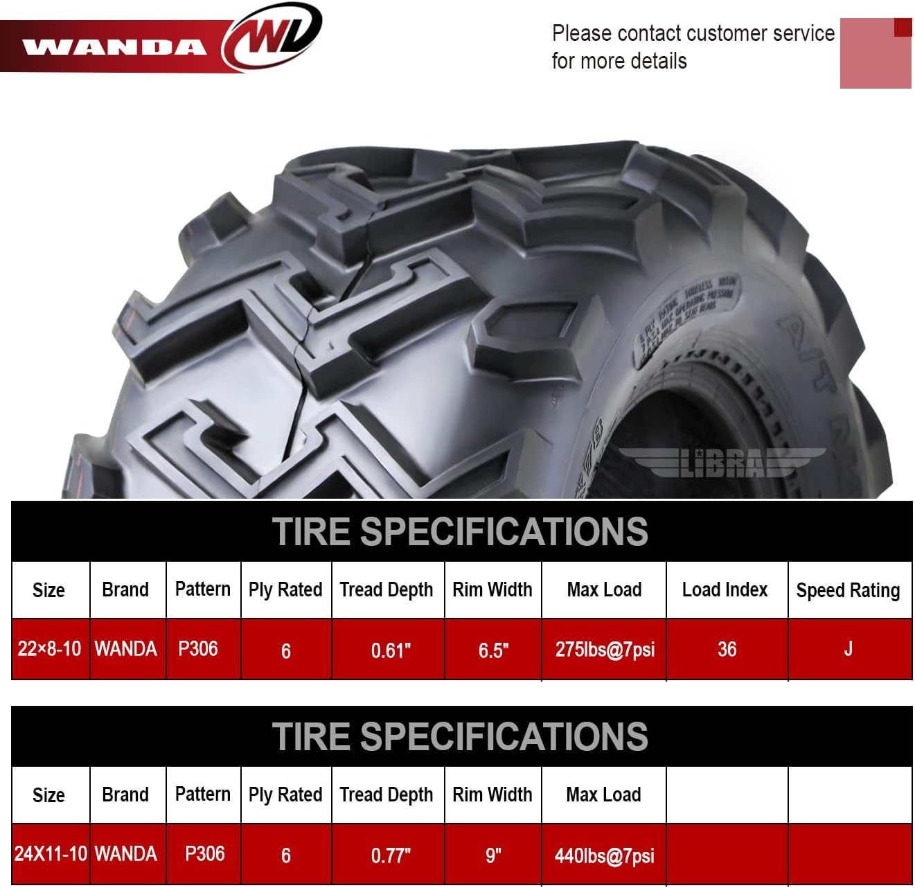 WANDA Set of 4 ATV UTV Tires 22x8-10 Front & 24x11-10 Rear 6PR
