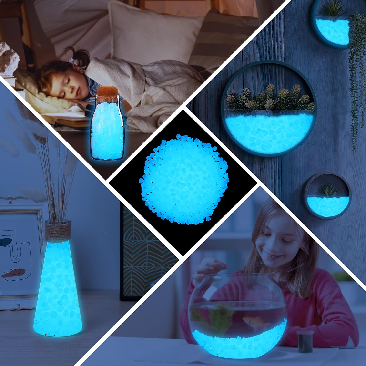 1000PCS Blue Glow in The Dark Stones Luminous Stones Glow in The Dark Rocks for Fish Tank Aquarium Driveway Walkway
