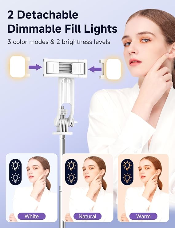 SelfieShow Selfie Stick Tripod with 2 Dimmable Fill Lights, 3 Light Modes & 6 Brightness Levels, Extendable Phone Tripod with Detachable Remote & Phone Holder, Compatible with iPhone 15/14/13/Android