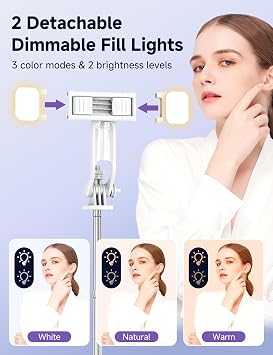 SelfieShow Selfie Stick Tripod with 2 Dimmable Fill Lights, 3 Light Modes & 6 Brightness Levels, Extendable Phone Tripod with Detachable Remote & Phone Holder, Compatible with iPhone 15/14/13/Android