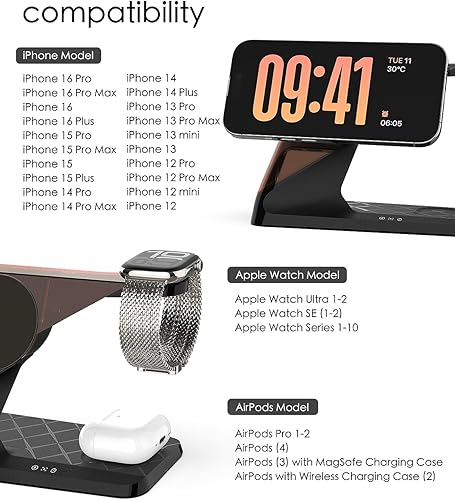 Miniatura 6 de Estación de carga 3 en 1 para dispositivos Apple, soporte de cargador Mag-Safe, cargador inalámbrico para iPhone serie 16/15/14/13/12, AirPods y