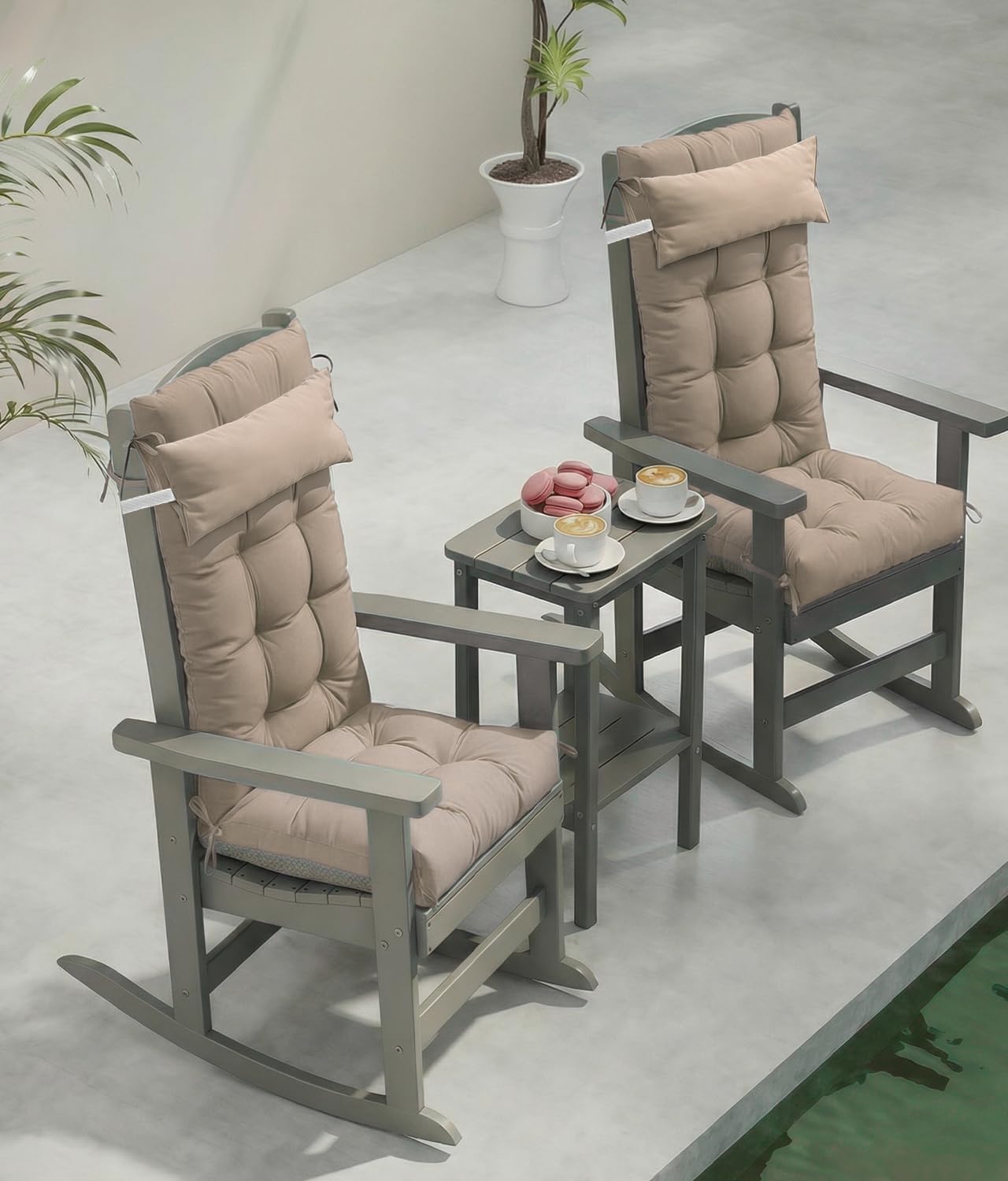 FOOWIN Rocking Chair Cushion Set of 2, Thickened Outdoor Chair Cushion,30×19.6×5.14 Inches, Rocking Chair Cushions Outdoor with Headrest and Ties, UV-Protected for Indoor Outdoor, Khaki