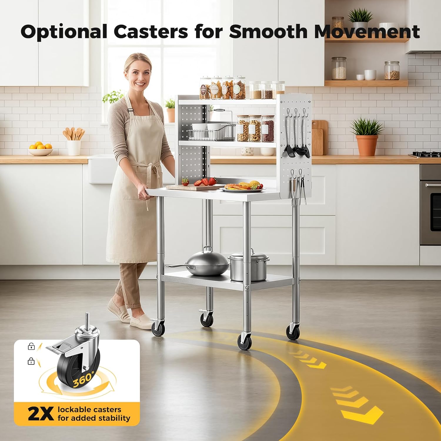 CAMMOO 36x24 in NSF All Stainless Steel Table with Adjustable Shelf & Pegboard Panels & Casters, Kitchen Prep Table Commercial Heavy-Duty Worktable with Large Space Storage for Restaurant Garages