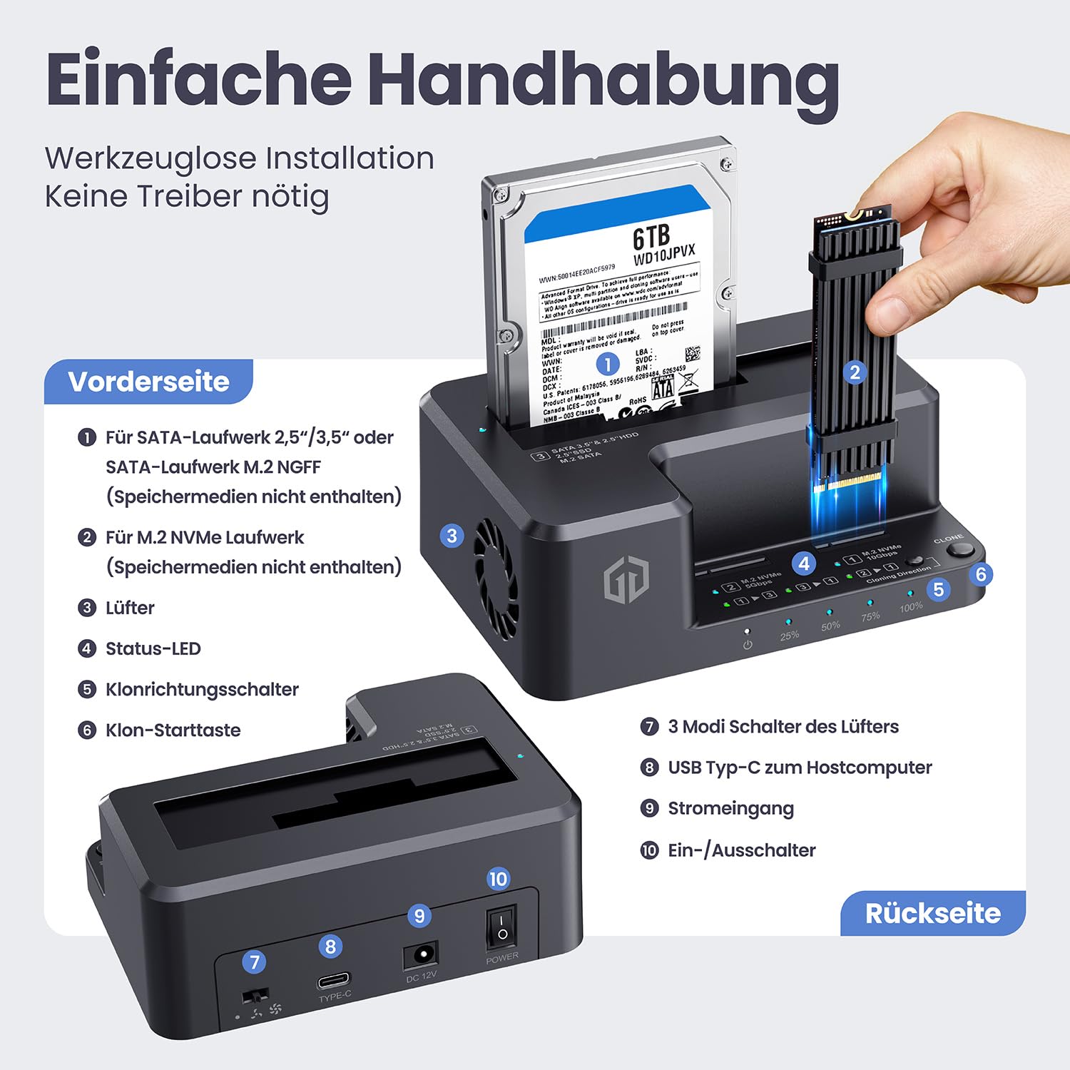 GRAUGEAR Station clone bidirectionnelle pour SSD M2 NVMe M.2, SATA SSD, disque dur 2,5"/3,5" [clonage bidirectionnel] Station d'accueil I M2 SSD Station de clonage I SSD externe I Disques durs