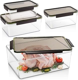 Reallnaive 4 Pcs Large Capacity Marinating Containers with Lid, 14.09/8.18/5.34/2.73 Qt, Plastic Food Brining Containers for Marinating Meat, BBQ Prep Storage with 4 Locking Tabs, Dishwasher Safe