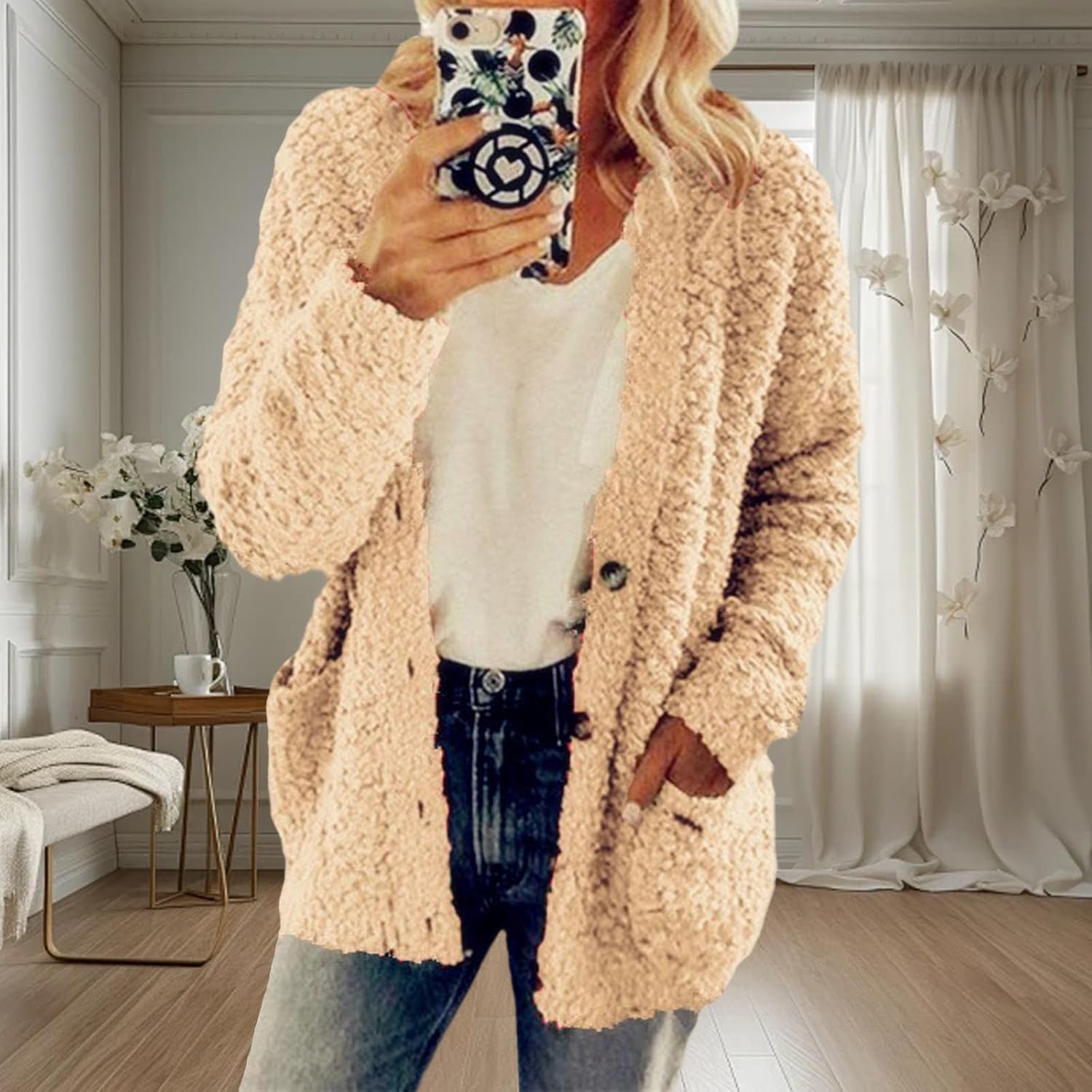 Women's Long Button Front Cardigan Sweater,Fleece Jacket With Pockets Solid Lightweight Cozy Fall Winter Sweater