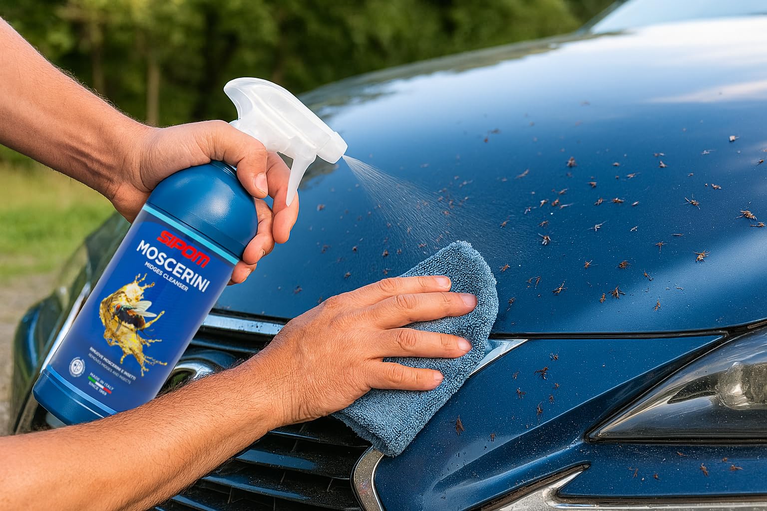SIPOM MOSCERINI Rimuovi Insetti Auto Spray 500ml | Detergente Moscerini per Carrozzeria, Parabrezza e Fari | Scioglie Insetti Secchi e Sporco Ostinato | Non Danneggia la Vernice | Made in Italy