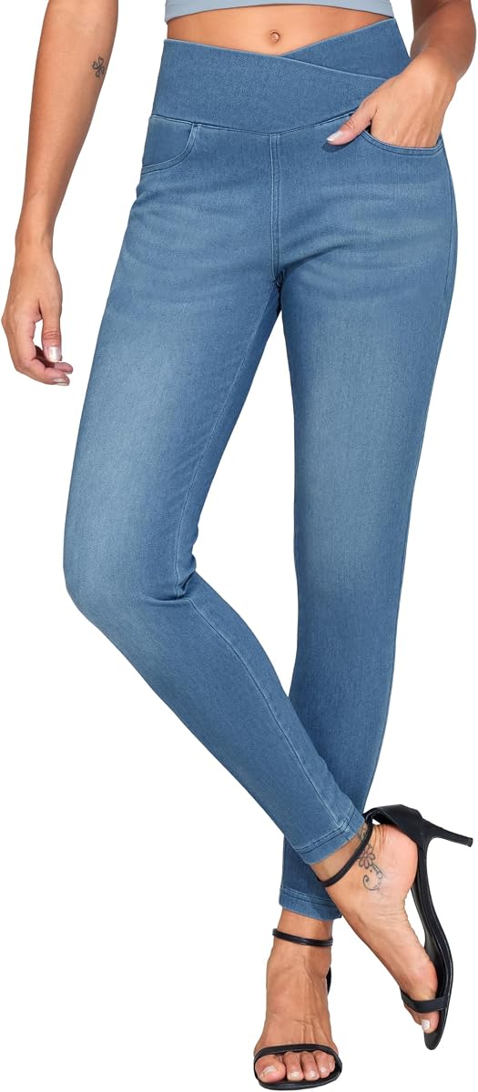 THE GYM PEOPLE Women's V Cross Denim Jegging Pants High Waisted Stretchy Skinny Jean Leggings with Pockets