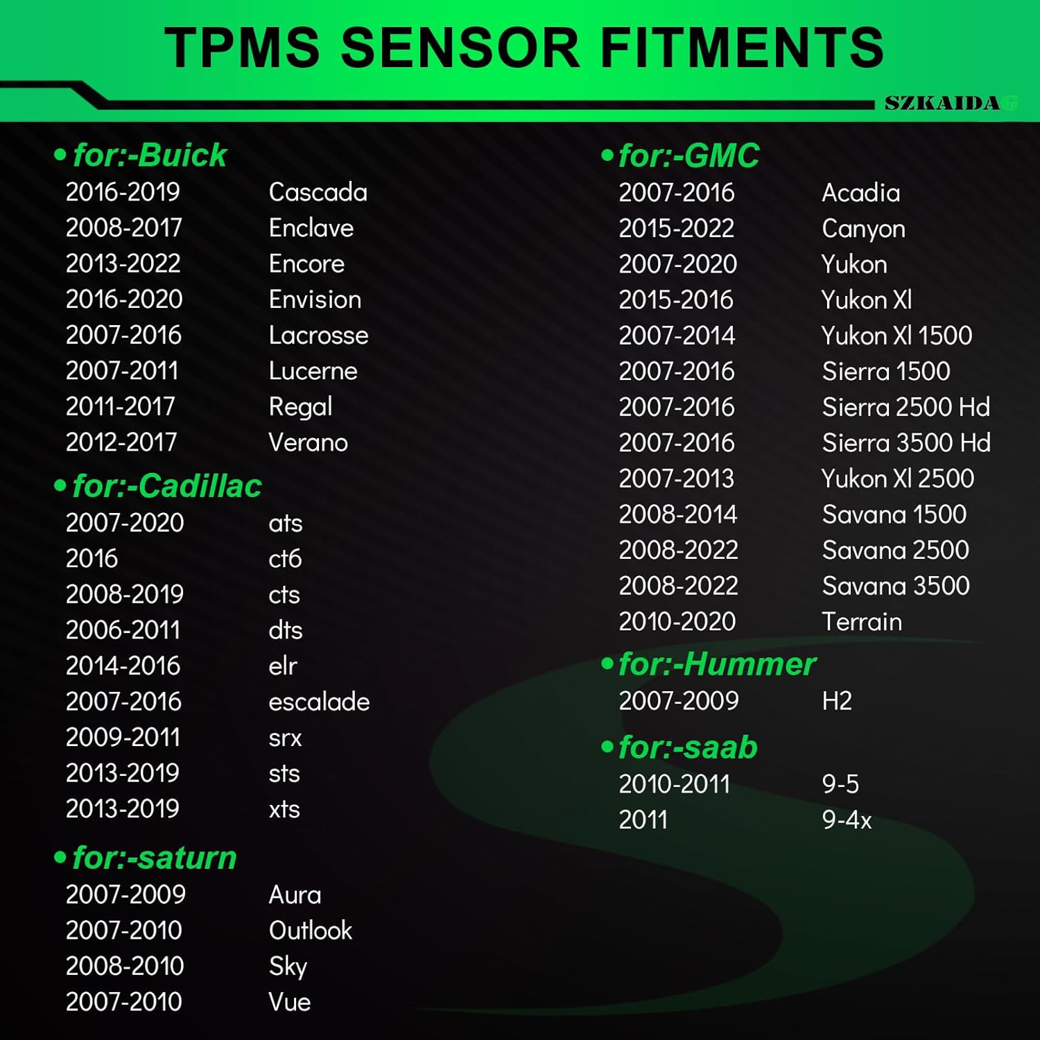 315MHZ Pre-Programmed TPMS Sensor Fits for:-Chevy 2007-2022 Equinox Tahoe Colorado Camaro for:-Buick Enclave Lacrosse for:-Cadillac for:-GMC for:-Pontiac for:-Saturn OE#13598771 4PCS