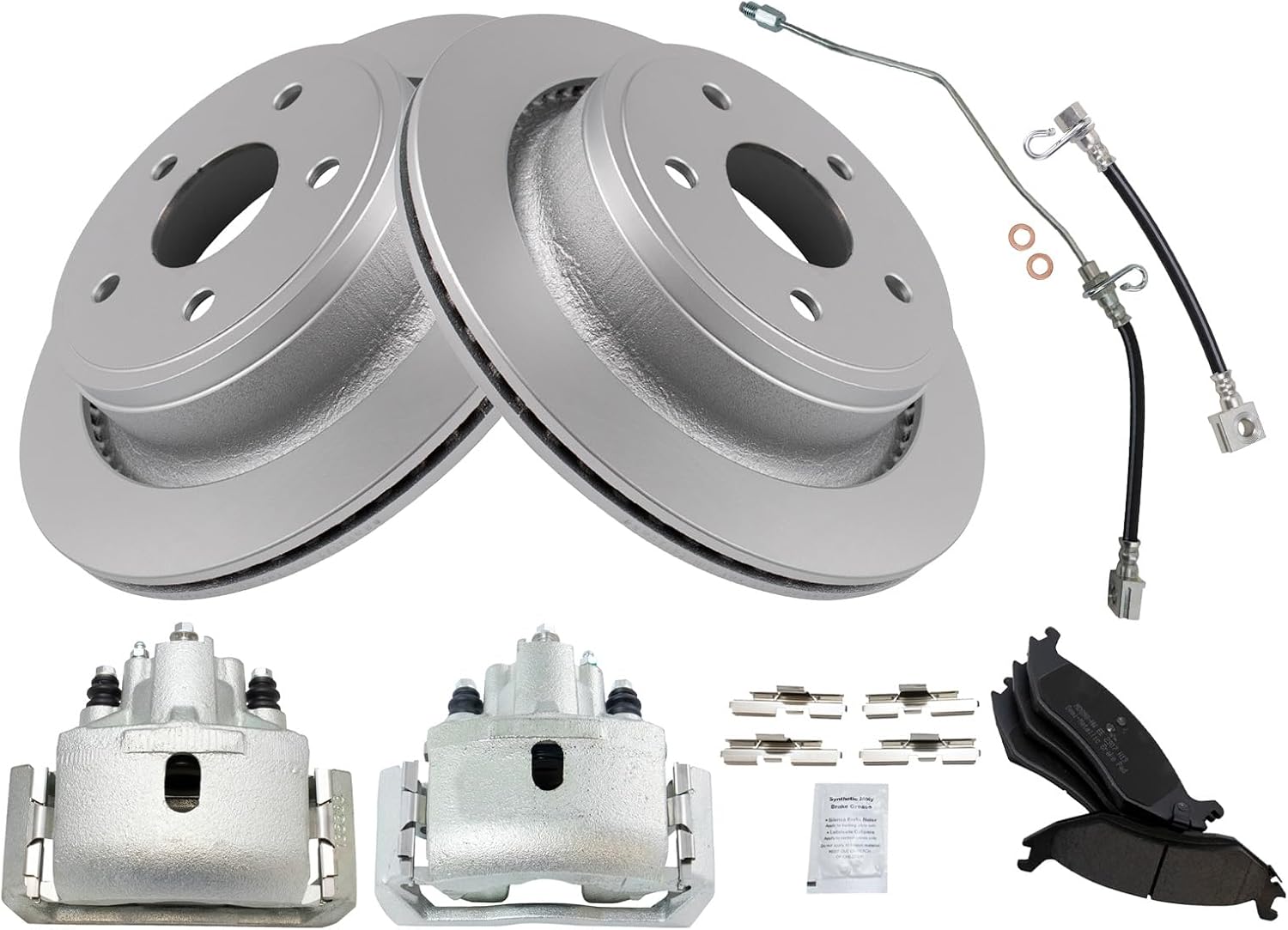 TRQ Rear Brake Pad & Rotor Kit Brake Caliper Brake Hose Brake Pads Brake Rotor Semi-Metallic Compatible with 2002-2004 Dodge Ram 1500