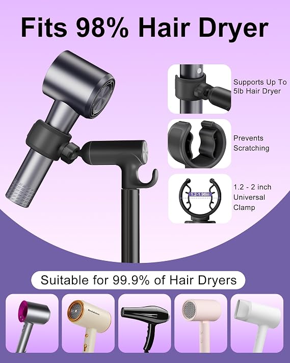 17.2 - 51 Height Adjustable Hands Free Hair Dryer Stand with Hook, Black