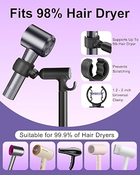 17.2 - 51 Height Adjustable Hands Free Hair Dryer Stand with Hook, Black