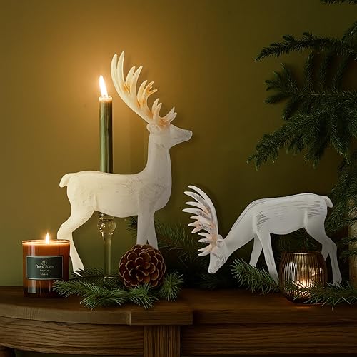 Miniatura 6 de Yookeer 2 piezas de figuras retro de reno de Navidad pequeñas de resina de pie con arco de ciervo, mini decoración de mesa de ciervo de Navidad