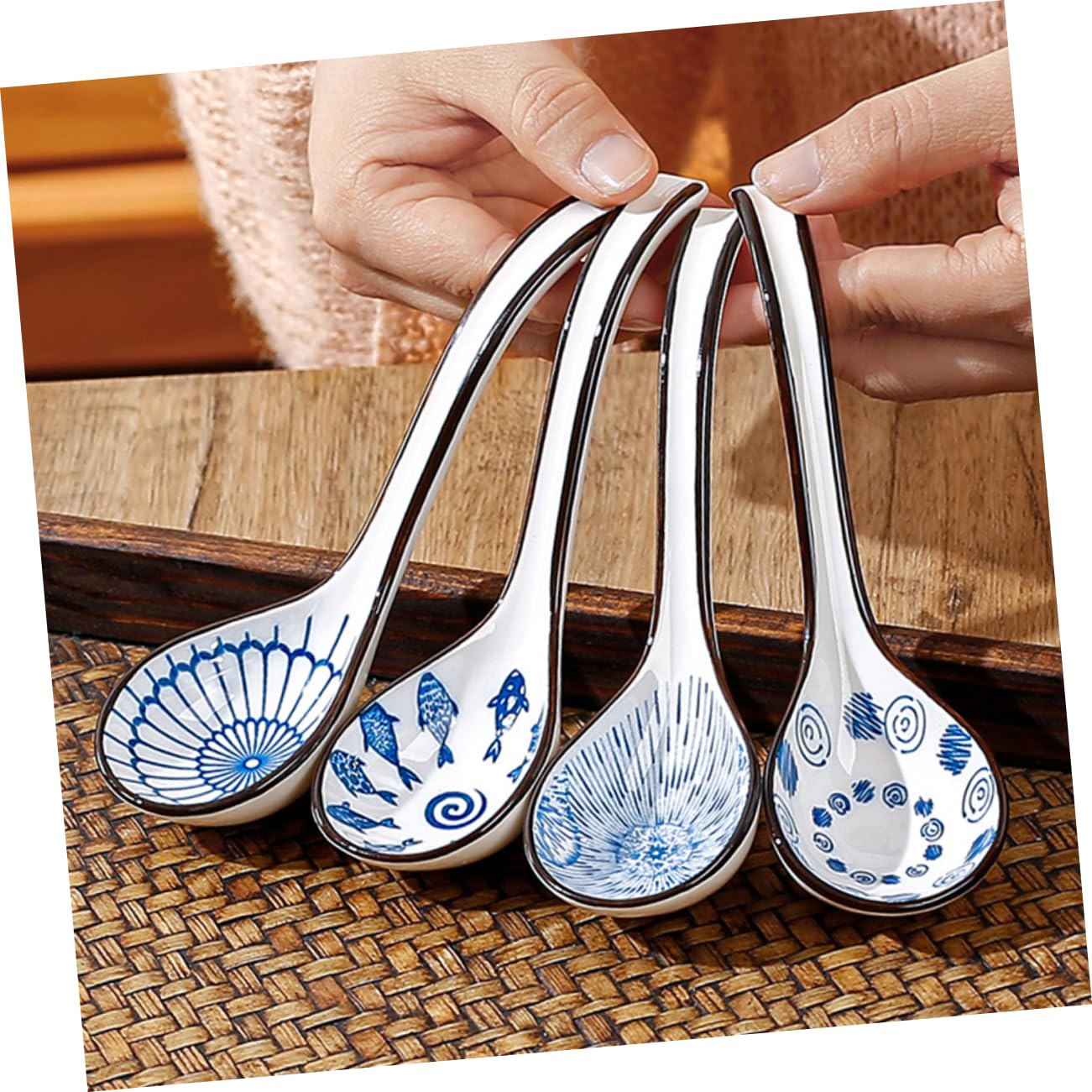 Cuillère à Soupe Chinoise en Céramique Bleu et Blanc, Lot de 6