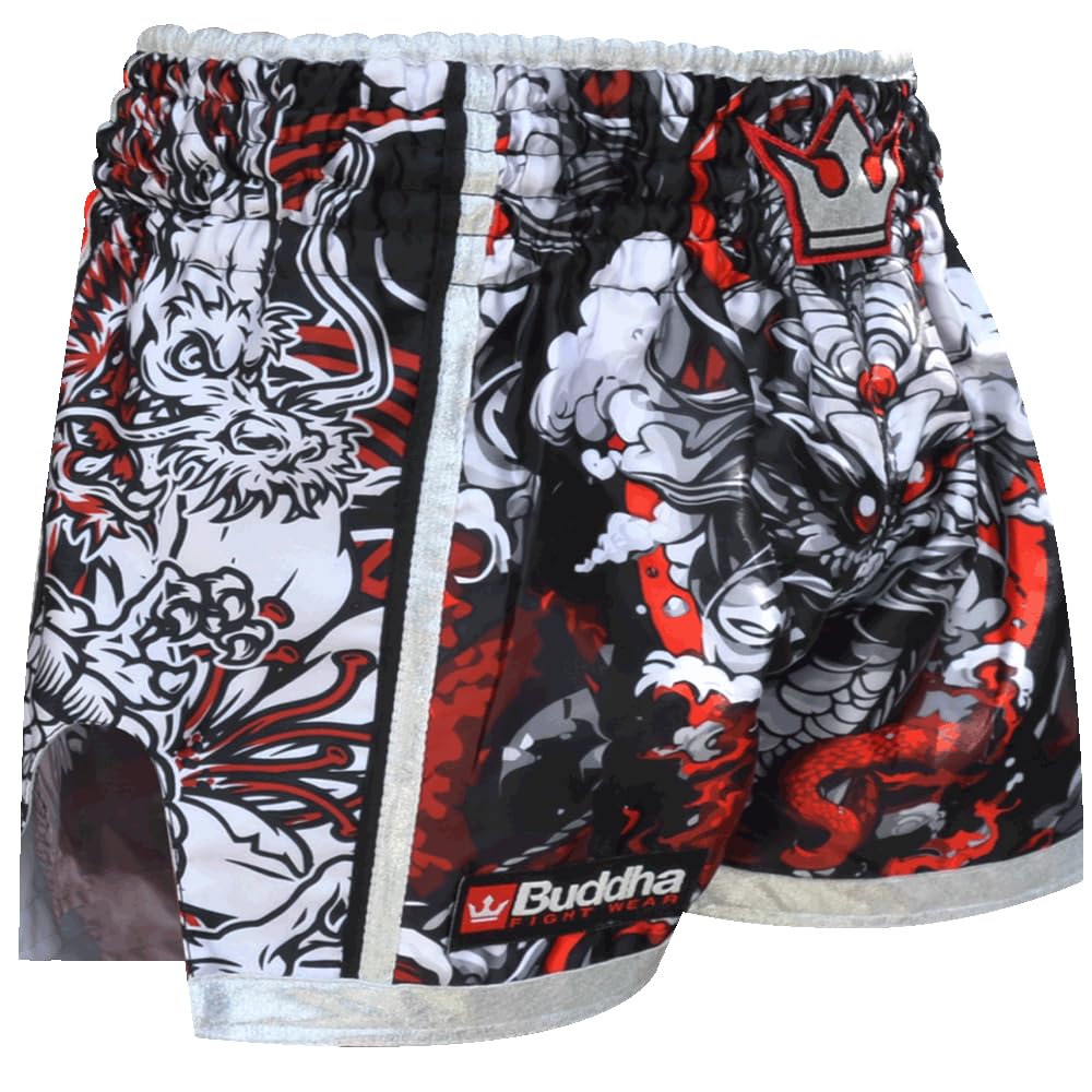 Buddha Fight Wear Unisex White + Multi-Coloured - Retro Premium Fantasy Pants. Specially Designed For Kick Boxing, Muay Thai, K1, Boxing Training And Competition, S
