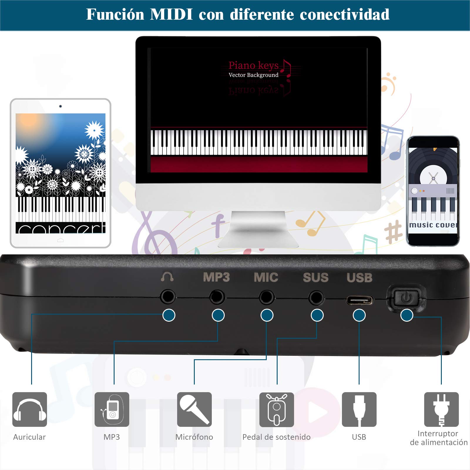COSTWAY Teclado Eléctrico con 88 Teclas Teclado Digital 128 Ritmos / 128 Tonos/Bluetooth/Altavoces para Niños Principiantes