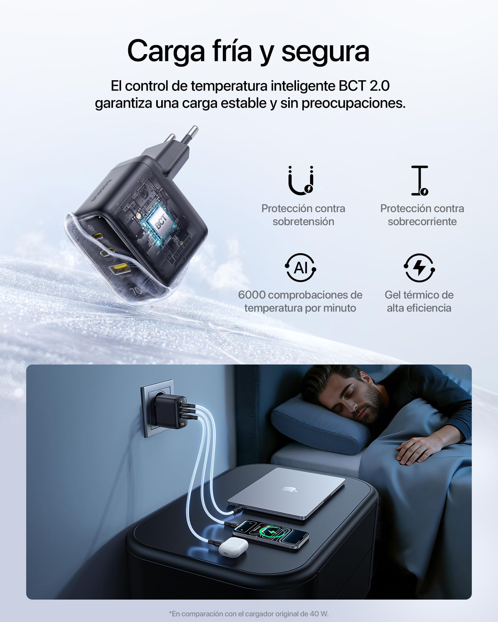 Baseus Enerfill - Cargador USB C de 70 W GaN6 de 3 Puertos - Fuente de alimentación compacta para MacBook Air, iPhone 17/16/15 Pro MAX, iPad Pro, Galaxy S25/S24, Pixel, Ordenador portátil y más