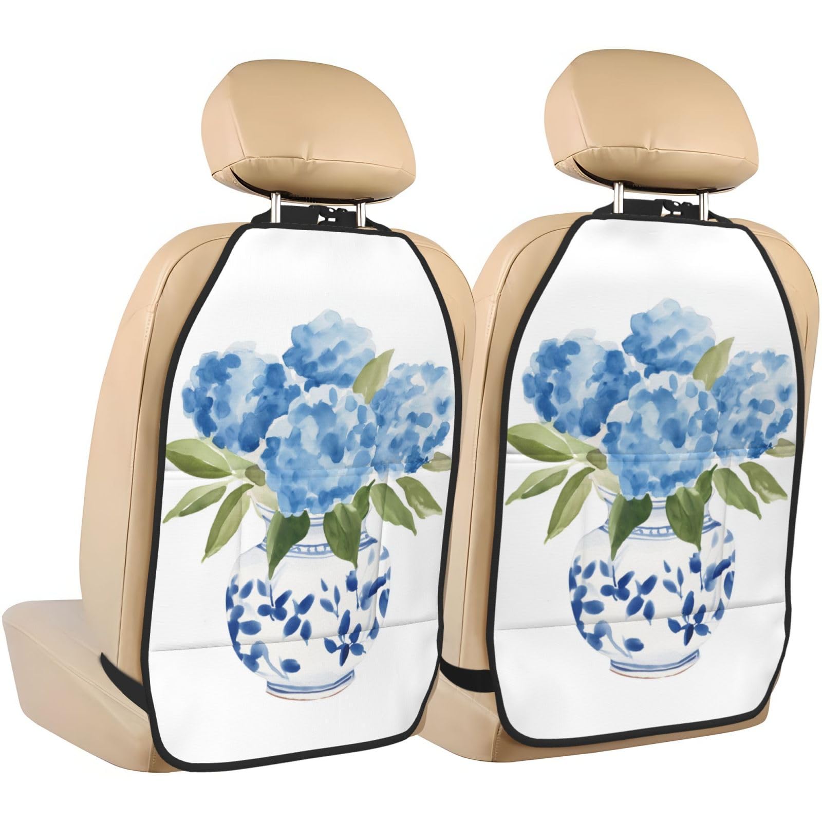 Watercolor Flower Bowl Vase Blue Hydrangeas Car Seat Back Kick Protectors,2 Pack Kick Mats with Storage Pockets for Vehicles to Protect from Dirt Mud Scratches