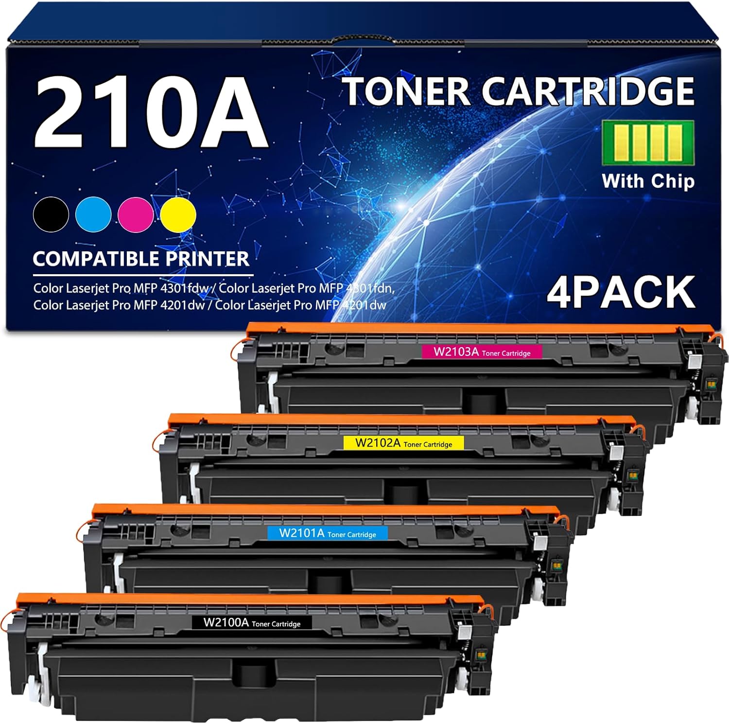 210A Toner Cartridges Replacement for HP 210A W2100A Toner Cartridge Compatible with Color Pro MFP 4301fdw Wireless, MFP Pro 4301fdn 4201dw 4201dn, Color Pro MFP 4301 4201 Series Printers (4 Pack)