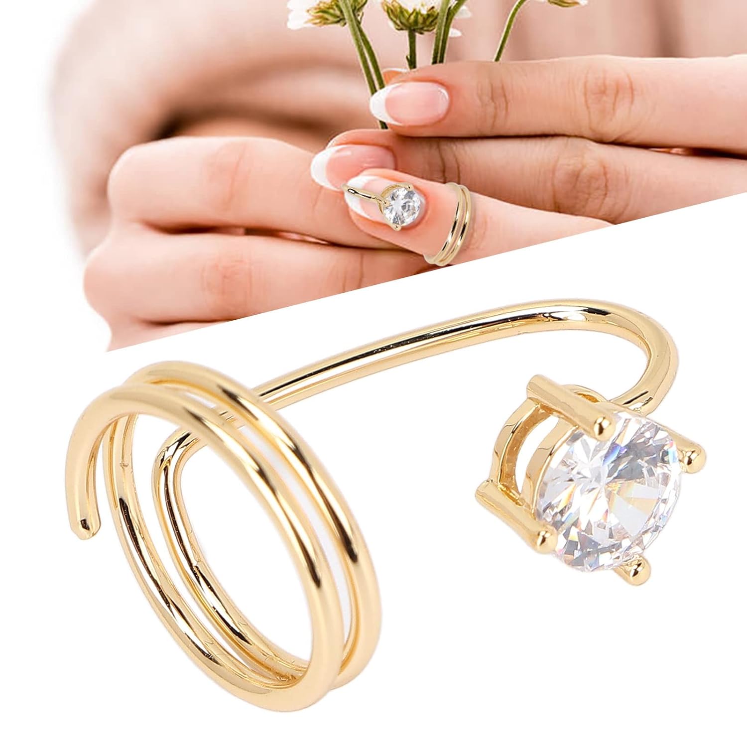 ZJchao Nail Rings, Women Finger Nail Rings Rhinestone Fingernail Rings Decoration Fingernail Opening Tip Rings Decorative Fingernail Protective Cover for Women Lady Parties Weddings(3059 Gold)