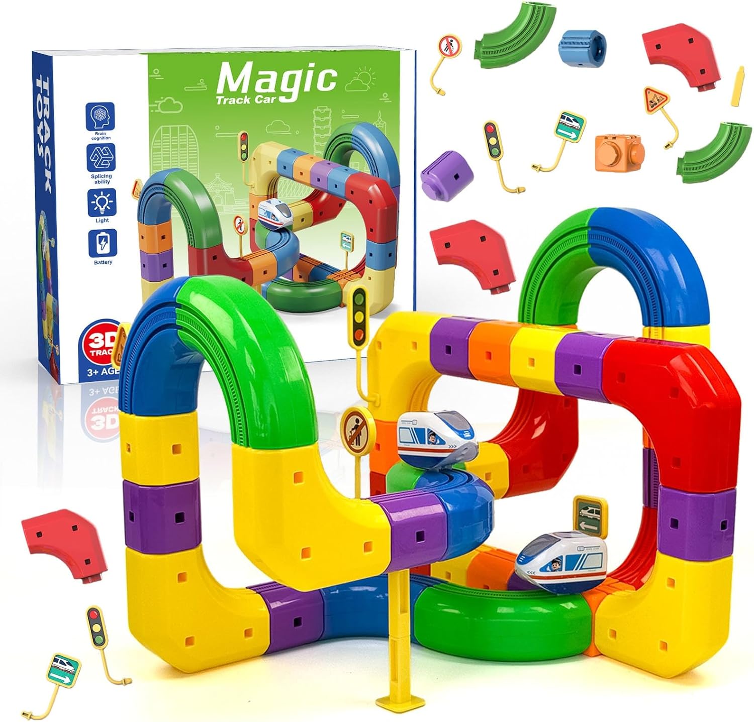 Rail Electric Train Set, 3D Magic Flexible Race Tracks for Kids,DIY Race Car Track Building Kits with Train and Traffic Signs,for 3 4 5 6 7 8 Years Old Boys Girls (81PCS)