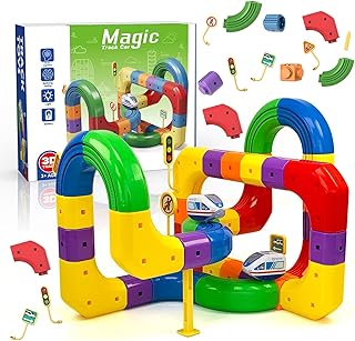 Rail Electric Train Set, 3D Magic Flexible Race Tracks for Kids,DIY Race Car Track Building Kits with Train and Traffic Signs,for 3 4 5 6 7 8 Years Old Boys Girls (81PCS, 70-90PCS)