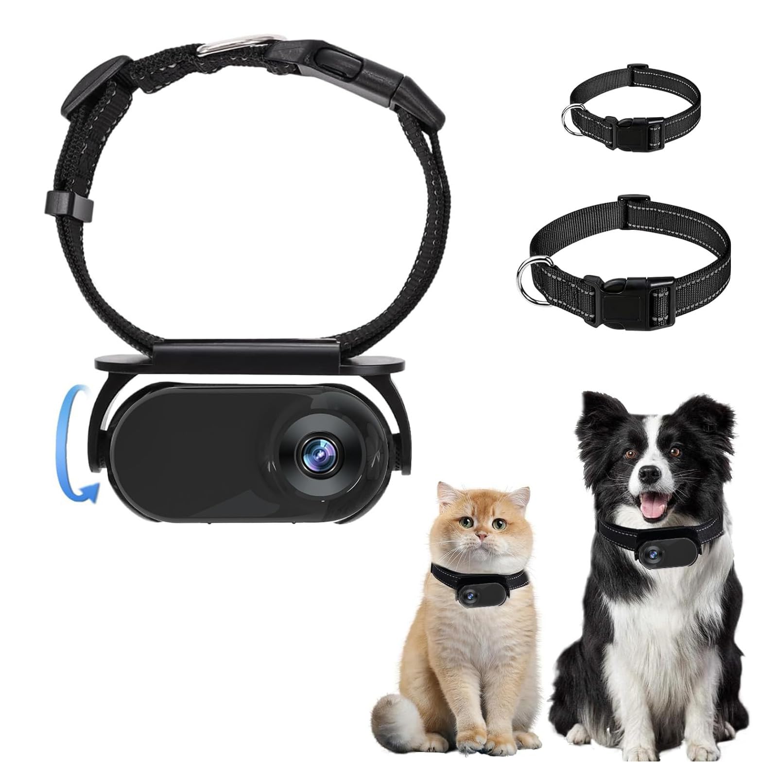 Pet Collar Camera Storage Wearable Tracker for Dogs and Cats Adjustable Strap Wide Angle Lens ABS Silicone Material No Required Monitoring Outdoor Indoor Use (Black)