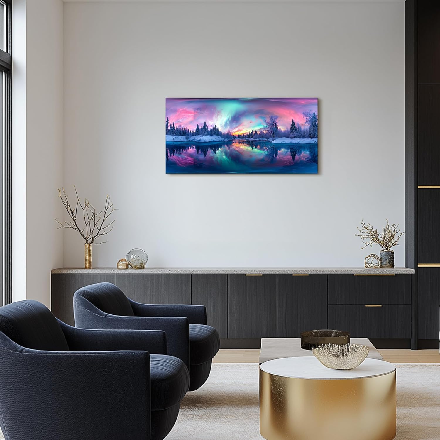 SERIMINO Aurora Landscape Wall Art, Colorful Night Scene Large Wall Pictures, Winter Lake Forest Art Prints, Dreamy Scenery Canvas Paintings Wall Decor Living Room Bedroom Bathroom Office 20"X40"
