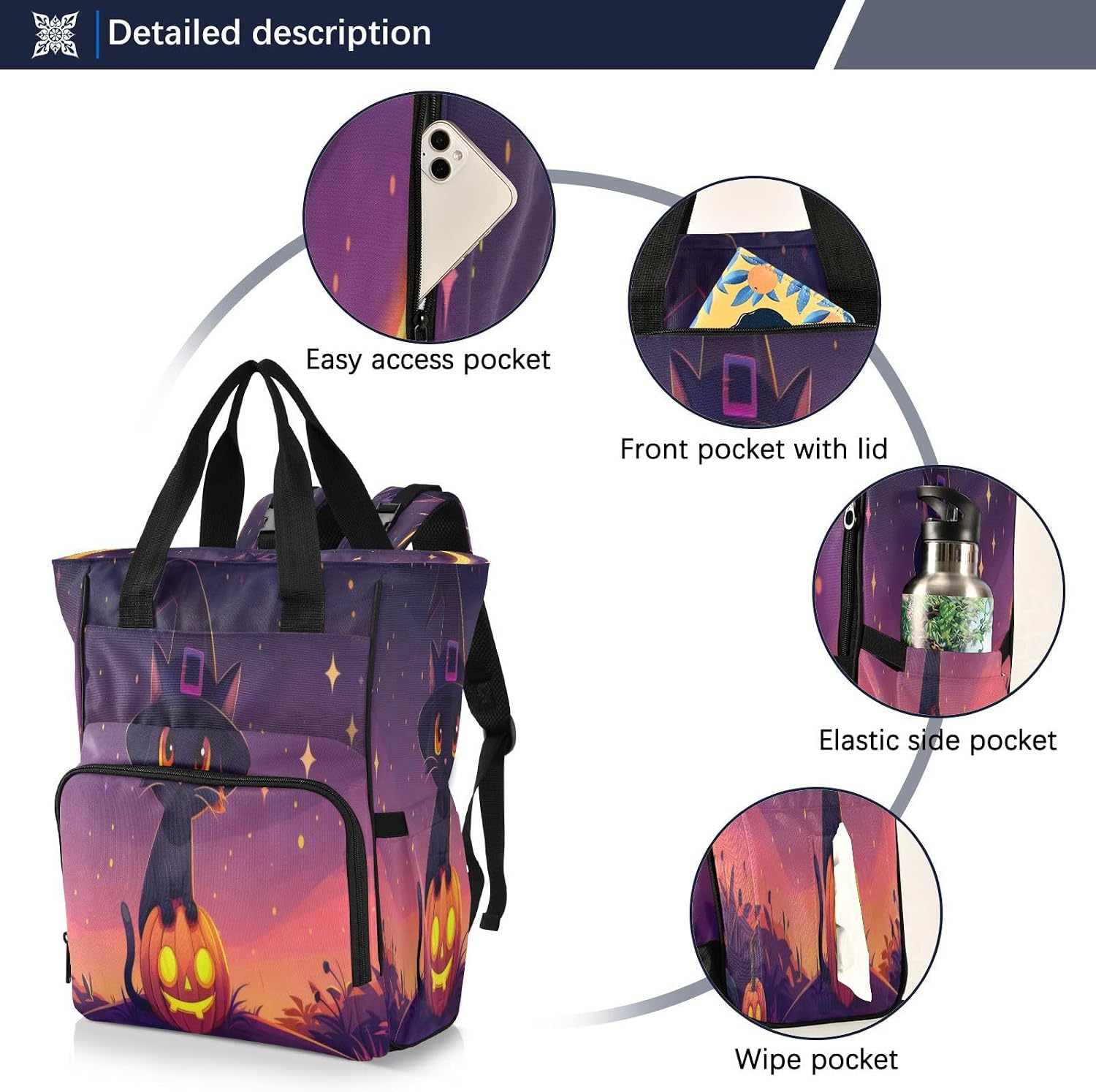 Diaper Bag Backpack, Cute Halloween Cat Baby Diaper Bag - Waterproof Multifunction Travel Diaper Bag with Pacifier Case, Stroller Straps & Insulated Pocket - Unisex