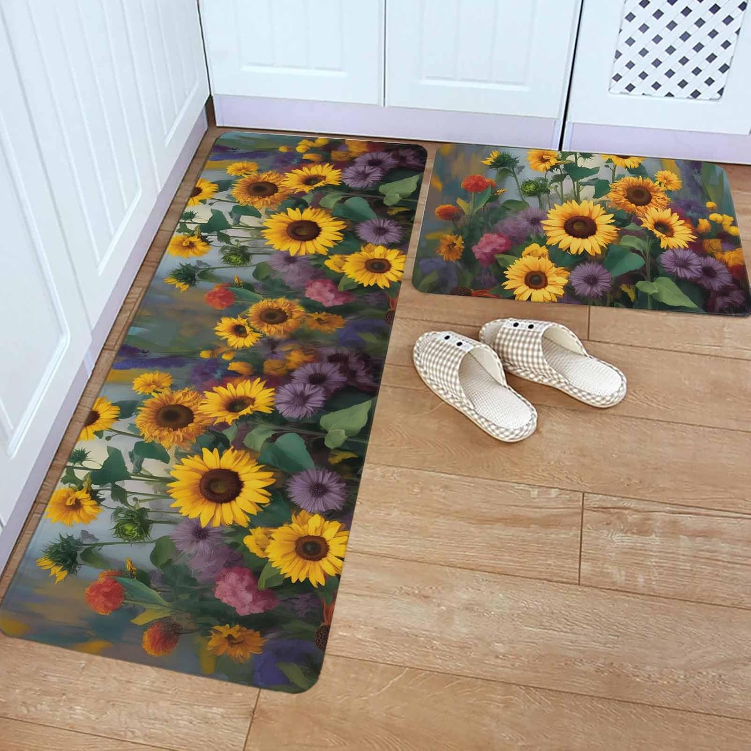 Sunflower Kitchen Rugs and Mats Set of 2, Non-Slip Kitchen Sink Mat, Modern Oil Painting Summer Botanical Floral Washable Doormat Bathroom Rugs Runner for Bedroom/Living Room 19.7"x23.6"+19.7"x47.2"