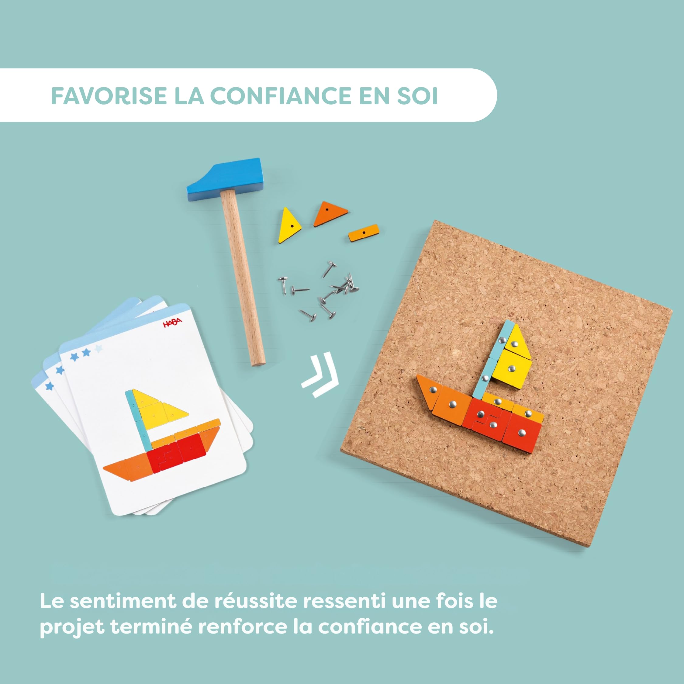 HABA Jeu du Marteau Formes géométriques : Jouet en Bois avec Marteau et Clous pour Enfants dès 3 Ans – Jouet créatif avec Plaque en liège et modèles – 2013791001