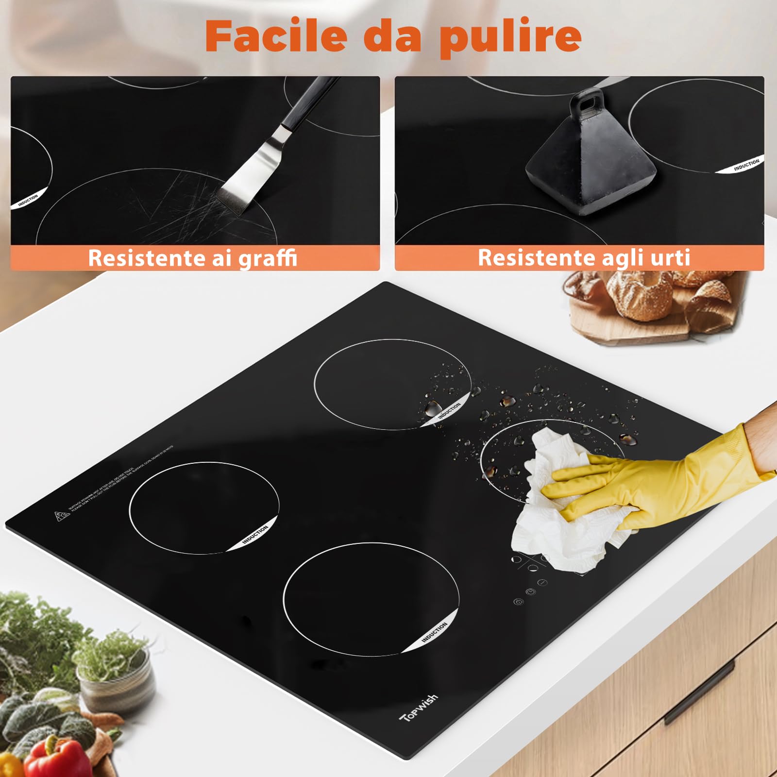 Topwish piano induzione, piano induzione 4 fuochi, piano cottura induzione incasso con sicurezza bambini, funzione boost, controllo touch, indicatore di calore residuo, 60CM, 7200W