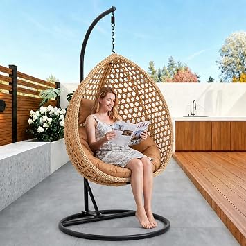 Khaki Egg Swing Chair with Stand,Hanging Egg Chair Indoor Outdoor with Cushion and Pillow,Modern Wicker Swing Chair,300lbs Capacity for Porch,Patio,Garden, Bedroom, Balcony,Yard
