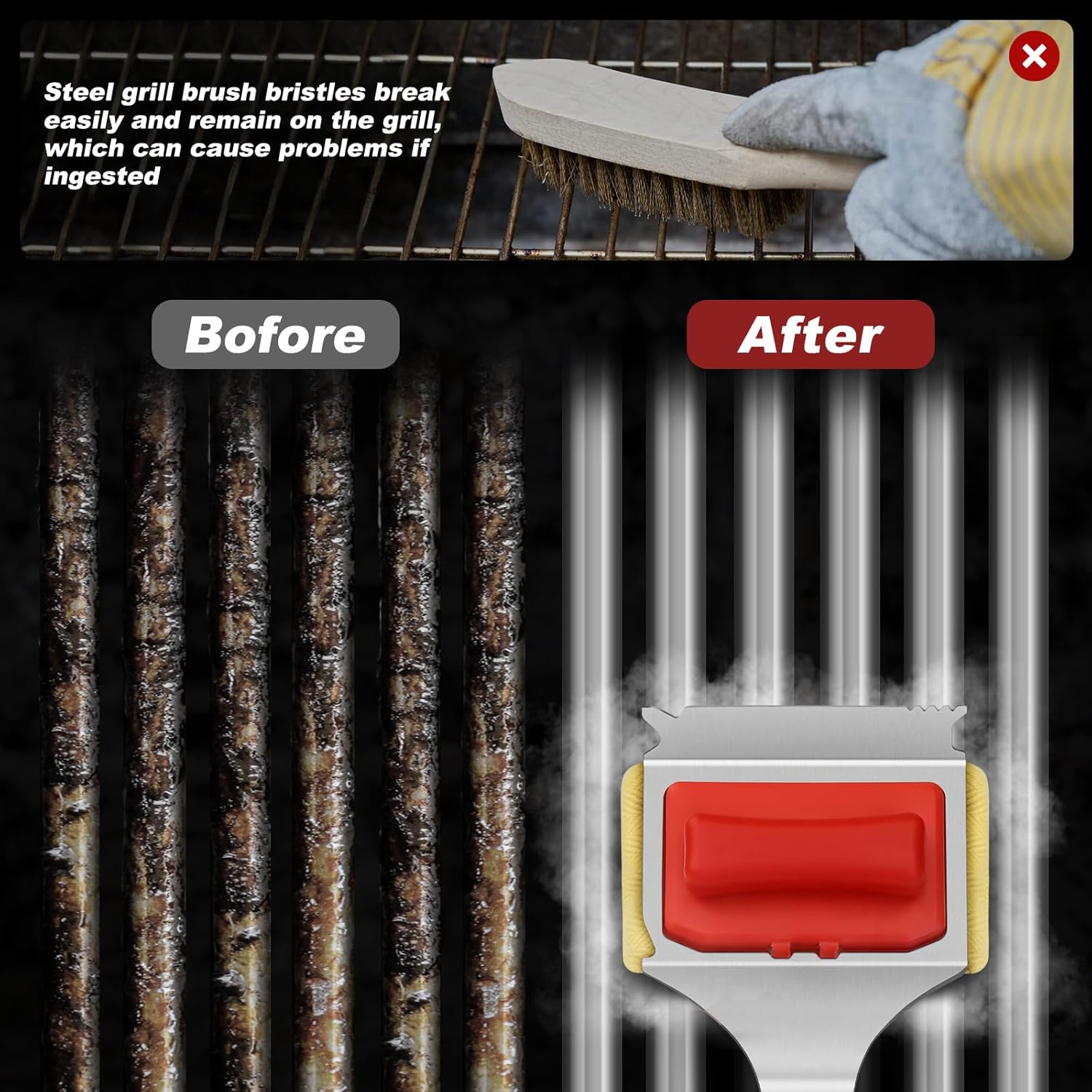 Grill Brush Bristle Free with 2 Cleaning Brush Heads, Cleaning with Steam Technology, Replaceable Brush Heads & Scraper Tool for Stainless-Steel Grates Grill Brush with Stainless Steel Spatula