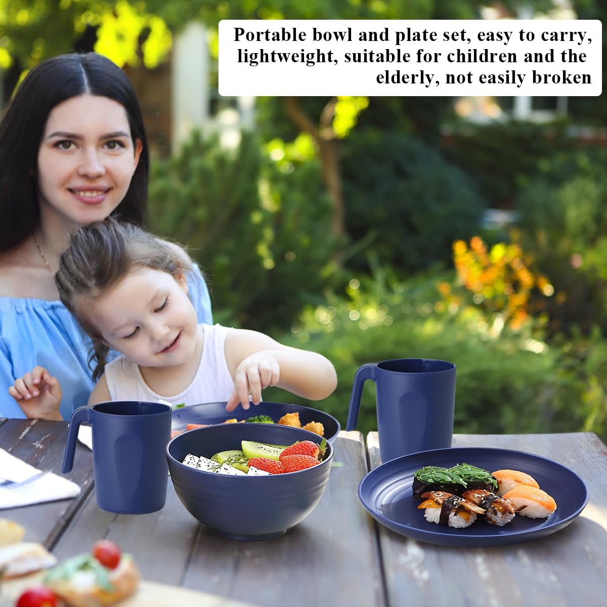 Berglander vaisselle en plastique 24pcs pour 6, EUR Assiettes et bols réutilisables bleu comprenant des assiettes à manger, assiette à dessert, bols de céréales, tasses pour la maison, jardin, pique