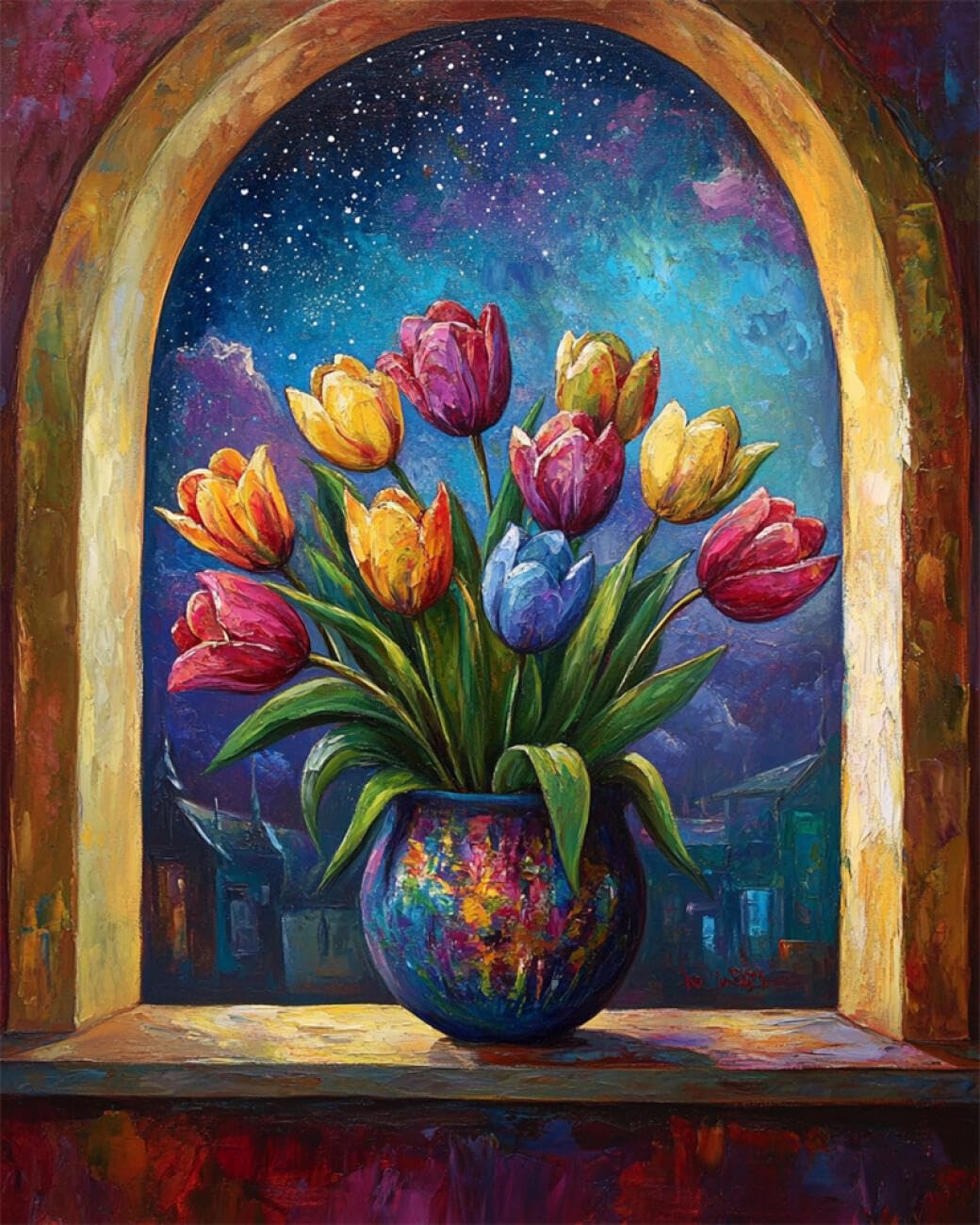 AMBATTERY Flowers DIY Cross Stitch Kit with Beads Pink Tulips Bead Embroidery Kit for Adults Needlepoint Tapestry Set Beaded Stitching 40x50cm