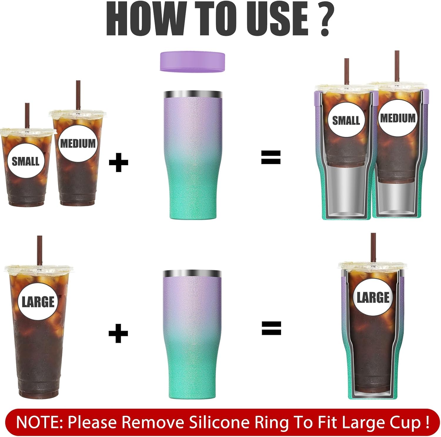 Universal Iced Coffee Sleeve with Handle - Insulated Double Wall Reusable Stainless Steel Holder Insulator for Cold Drinks Fits Small Medium Large To Go Cups Gifts for Men Women Him Her (Glitter) - Image 3