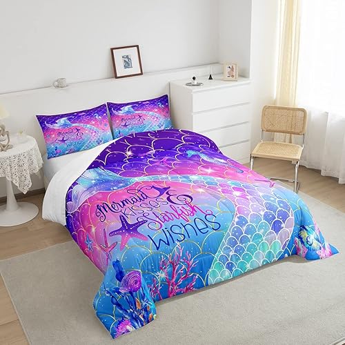 Miniatura 4 de Erosebridal Juego de edredón Queen con escamas de pez, juego de ropa de cama neón con purpurina galaxia pastel para niños y niñas, juego de edredón